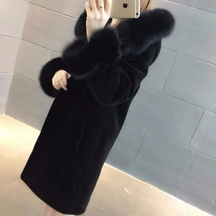 Imitation Fox Hair Winter New Hooded Sheep Sheared Fur Coat Wool Coat Women's Medium And Long Thickened Korean Slim Fit