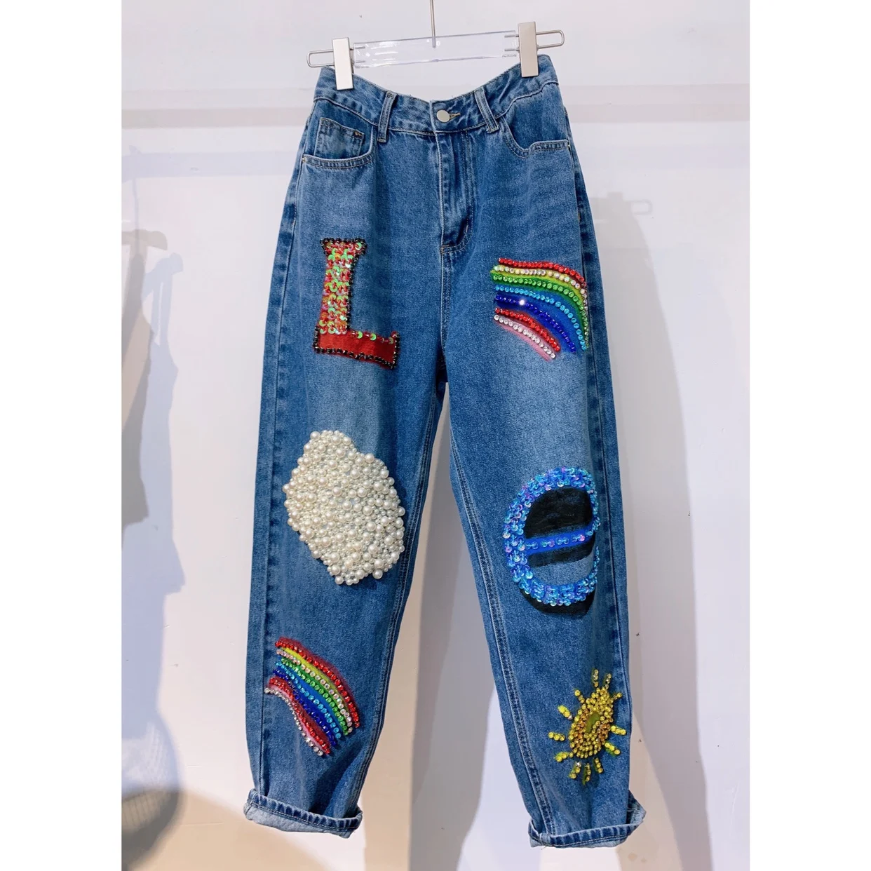 

Брюки женские джинсовые в европейском стиле, роскошные повседневные свободные штаны из денима, с надписью радуги, Украшенные бусинами, с блестками и стразами, ручной работы