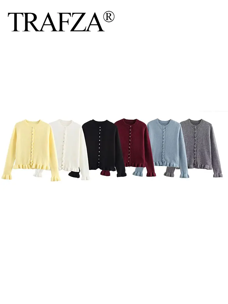TRAFZA Female Elegant Warm Single Breasted Casual Sweater Women's Winter Fashion Stacked Decorative Knitted Long Sleeve Cardigan 3