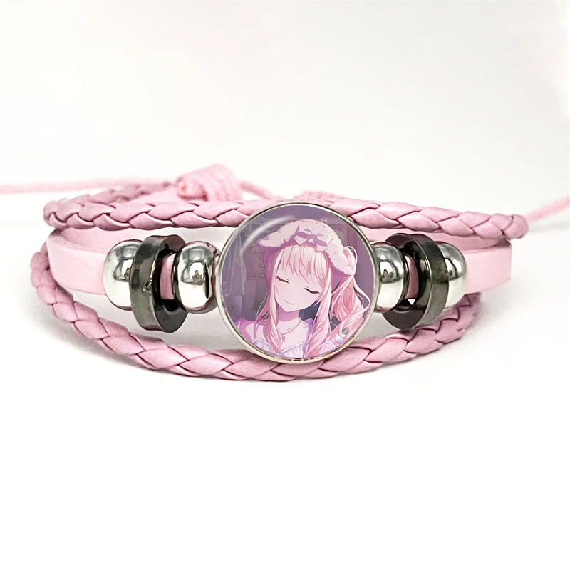 Project SEKAI Anime Akiyama Mizuki Nightcord Pink Leather Bracelet Glass Cabochon Button Multilayer Bangles Wristband Gift