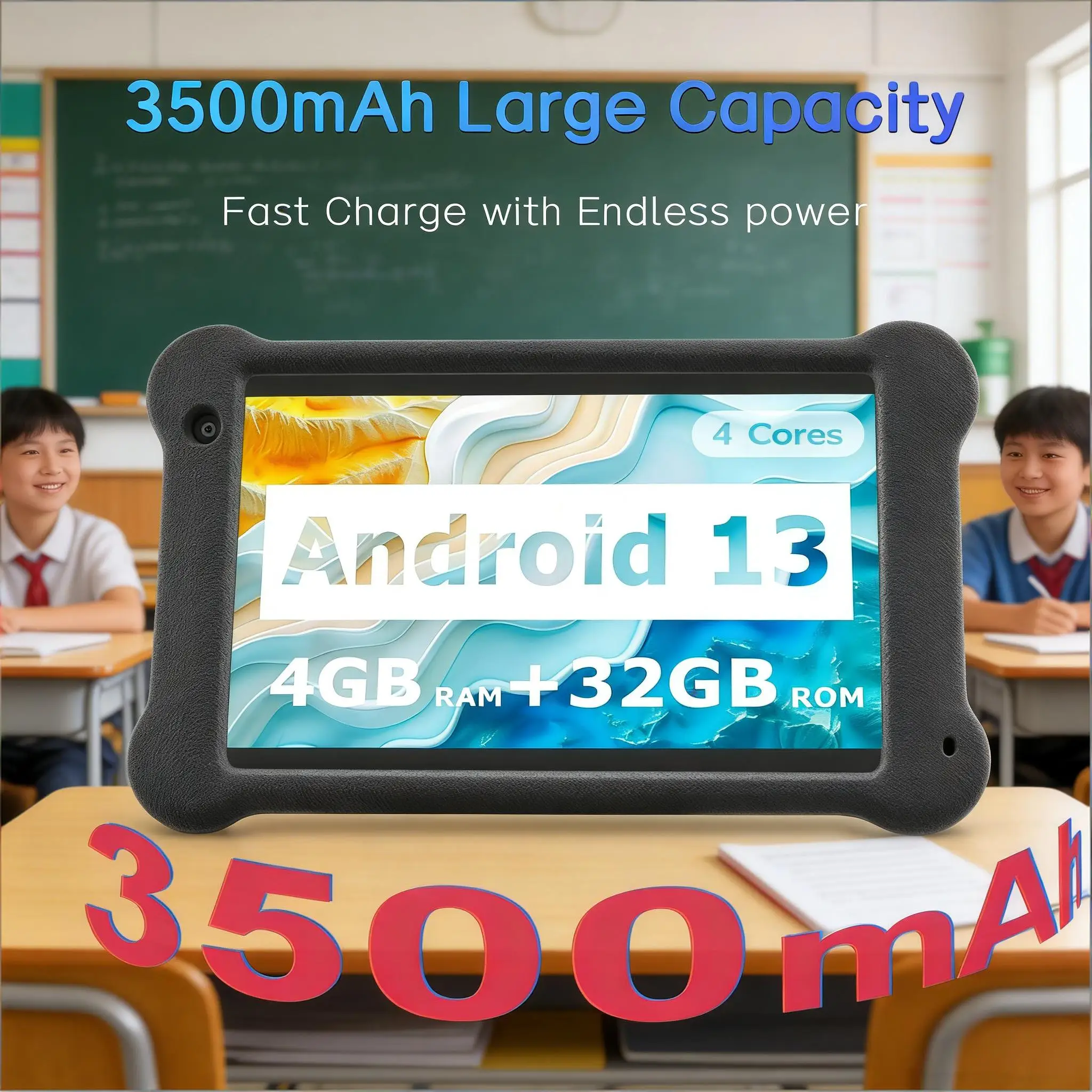 7인치 어린이용 태블릿 안드로이드 13 4GB+32GB 쿼드 코어 1024*600 IPS 2.4G+5G WiFi 낙하 방지 EVA 케이스 교육용 태블릿