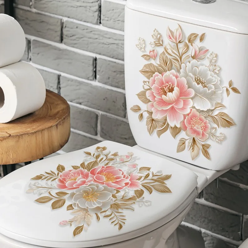 Natural Plant Luxury Flowers Waterproof Toilet Sticker Bathroom Toilet Cover Decoration Self Adhesive Wall Stickers Decal