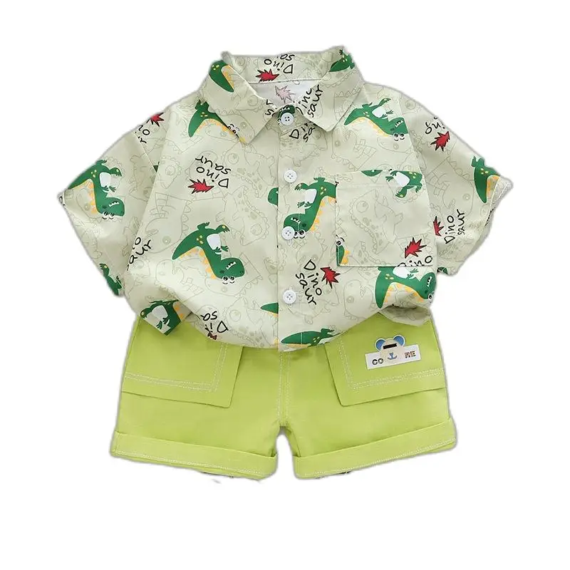 

Summer Boys Clothes 1-4 Years Toddler Clothing Sets Cartoon Dinosaur Printed Collar Shirt Mini Pants Suits Kids Items