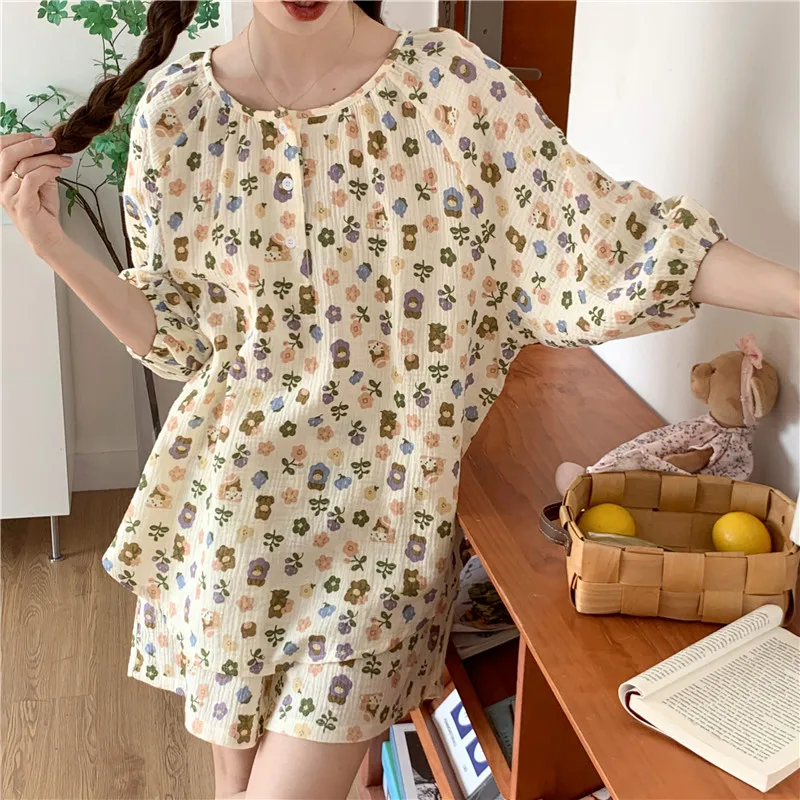 

Loose Comfortable 100% Cotton Home Suit Floral Print Casual Pajama Set O-Neck Pullover Shorts Crepe Sleepwear Summer Cute S157