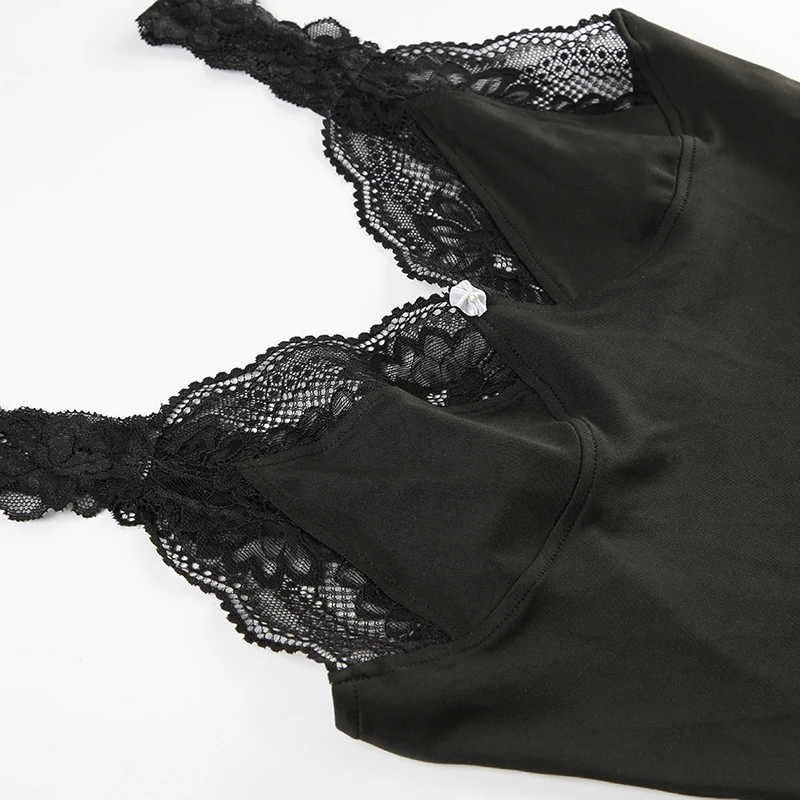 Black Backless Sleeveless V Neck Skinny Sexy Tank Bodysuit Women Lace Patchwork Elegant Rave Bodys Camisole