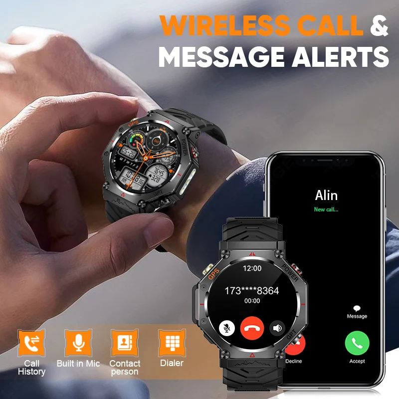 LIGE GPS Smart Watch Premium Military Bluetooth Call Outdoor Sports 3ATM Waterproof AMOLED 1.39 Inch Screen New Smartwatch Men