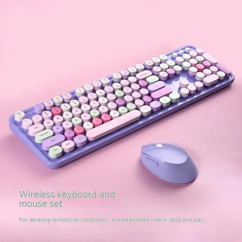 Conjunto de Teclado e Mouse sem Fio Doce para Meninas Mão Mecânica Sentir Arco-íris Retro Escritório