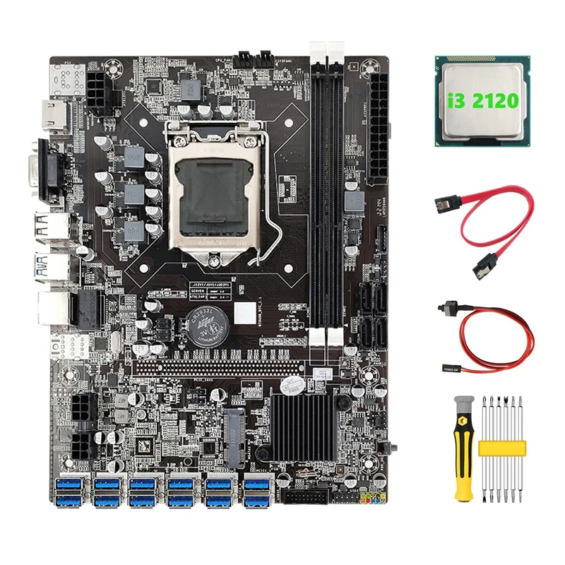 B75 ETH Mining Motherboard 12 PCIE To USB+I3 2120 CPU+Screwdriver Set+Switch Cable+SATA Cable DDR3 LGA1155 Motherboard latest computer motherboard