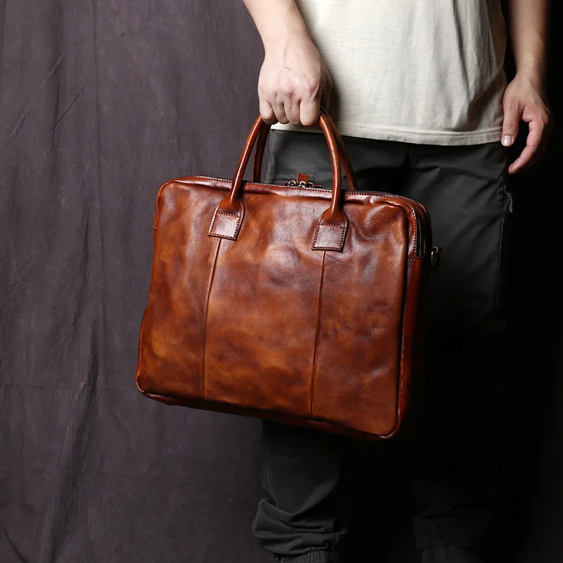 NZPJ Retro Handmade Top Layer Cowhide Leather Men's Handbag Vegetable Tanned Horizontal Computer Bag Zipper Briefcase