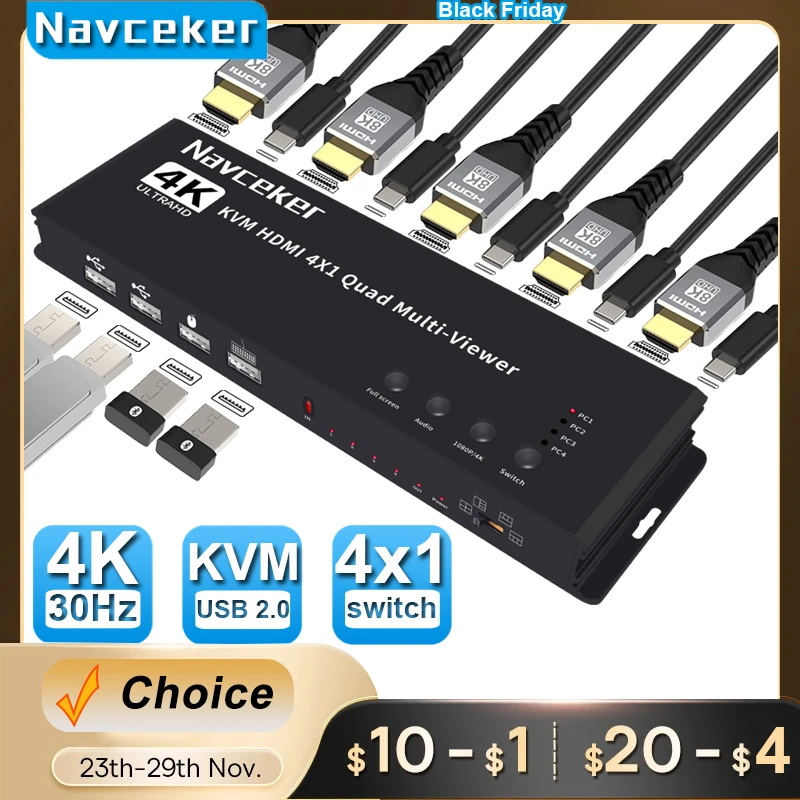 Navceker Kvm Multiviewer Compatibile Con Hdmi 4K 4 In 1 Out 1080P Quad Screen Multi Viewer Hdmi Multi-Viewer Interruttore Senza Cuciture Con Ir