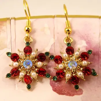 Christmas Full Rhinestone Snowflake Pearl Earrings for Women Colorful Hollow Xmas Tree Red Hat Ear Hook Earring New Year Jewelry