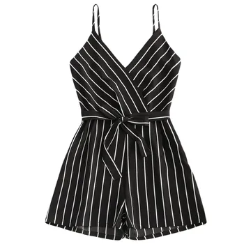 Striped Cami Belt Romper Womens Sleeveless V Neck Suspender Loose Strappy Shorts Summer Casual Playsuits Jumpsuit Woman Clothing 2