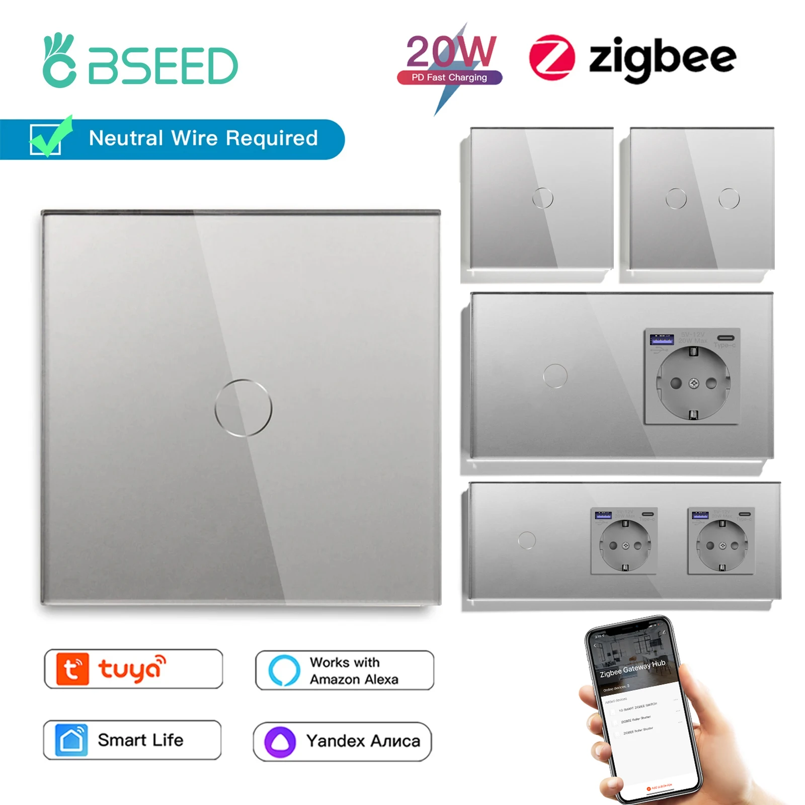 Carregamento Rápido Gang Gang 3gang Way Interruptores de Toque na Parede Bseed-zigbee Controle de Aplicativo Tuya Smart Life 20w Tipo-c Usb Maneira 3way