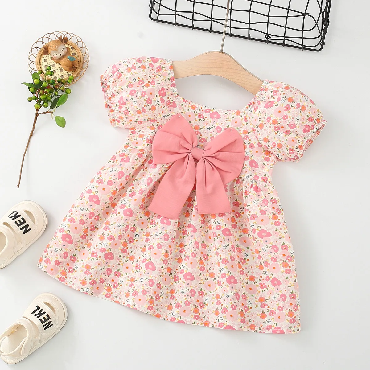 Summer Toddler Baby Dress Pink Flower Princess Dress Puff Sleeves Birthday Dress for Kids Girl