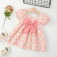 Summer Toddler Baby Dress Pink Flower Princess Dress Puff Sleeves Birthday Dress for Kids Girl 2
