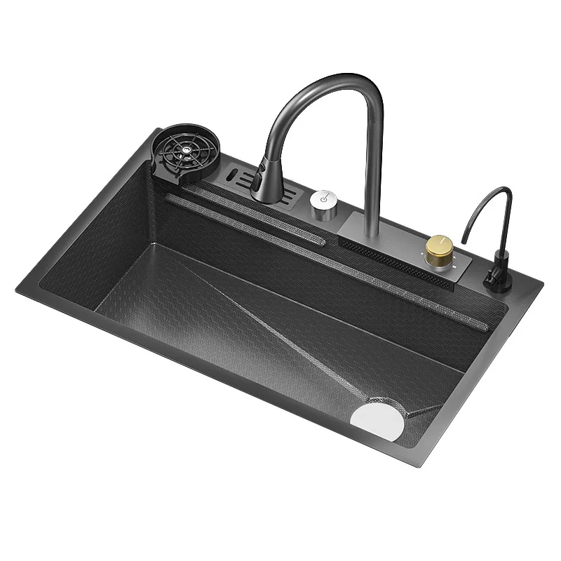 Waterfall Sink Embossed Honeycomb Kitchen 304 Stainless Steel Sink Large Single Slot Household Vegetable Washing Basin 4
