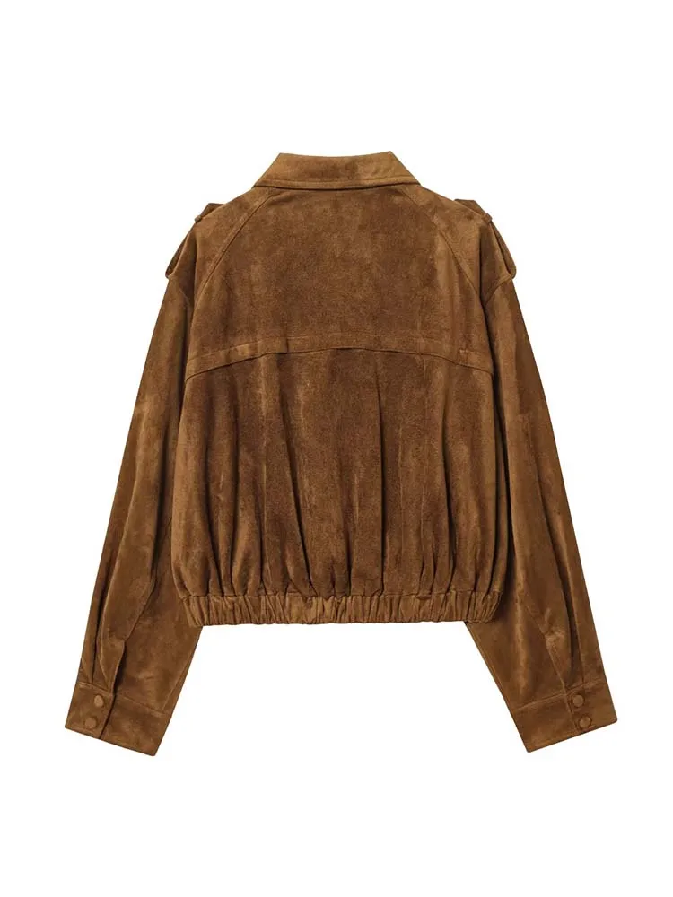 Women Lapel Suede Fabric Jacket 2025 New Autumn And Winter Fashion Long Sleeve Zipper Coat Chic Female High Street Outerwear