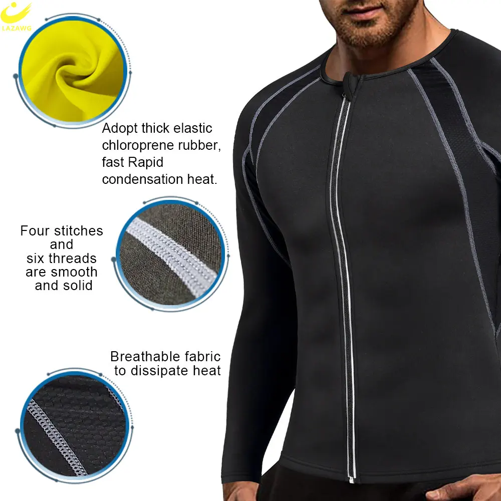 LAZAWG Mens Sauna Jacket  Sweat Top Slimming Long Sleeve Neoprene Weight Loss Body Shaper Workout Fitness Sport Fat Burner