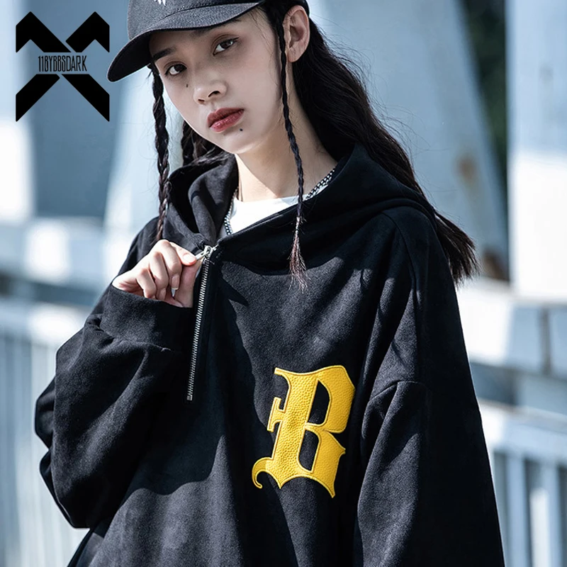 

2022 Men Oversized Sweatshirts Hoodie Women Suede Embroidered Letter Half Zip Pullover Hip Hop Streetwear Hoodies Black