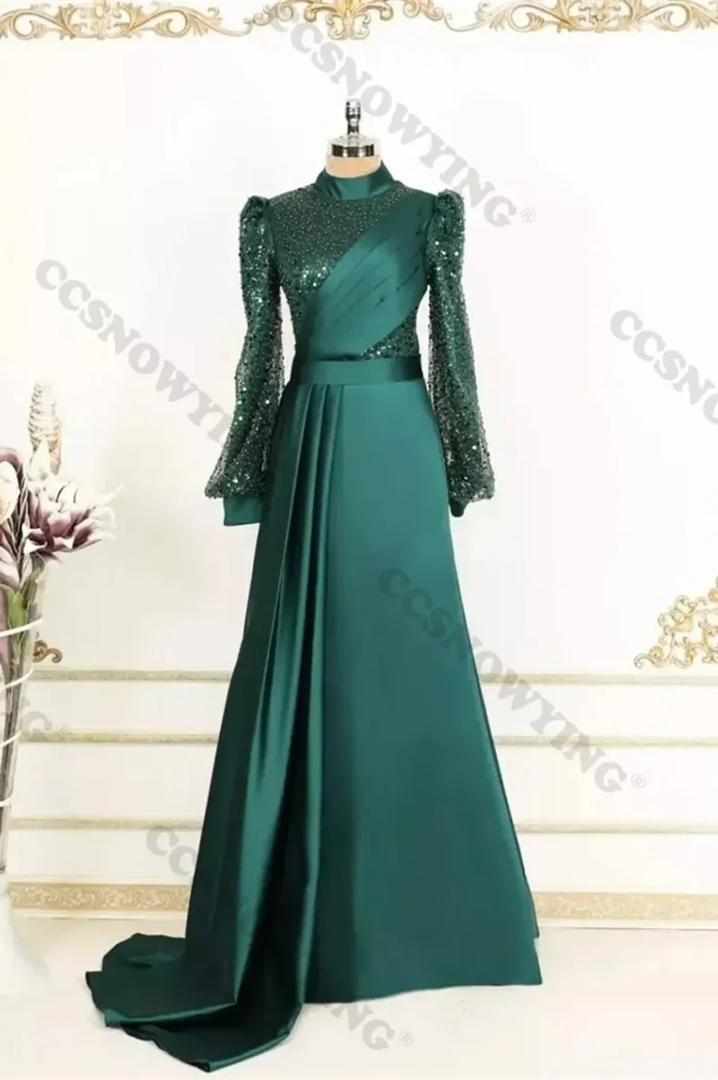 

Sequin Beaded Muslim Evening Dresses Satin Long Sleeve Hijab Islamic Formal Party Gown Arabic Dubai Women Robes De Soirée