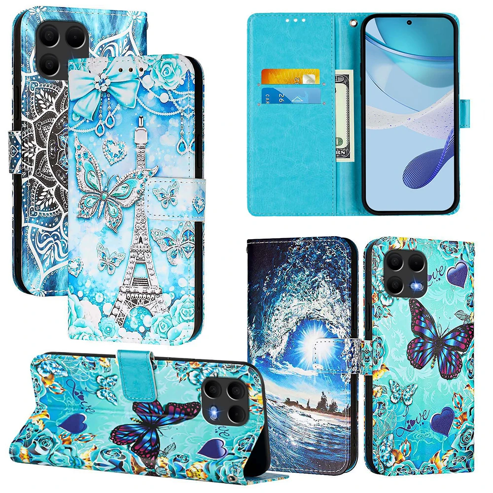 Chic Painted Leather Flip Phone Case with Wallet Holder and Stand Cover