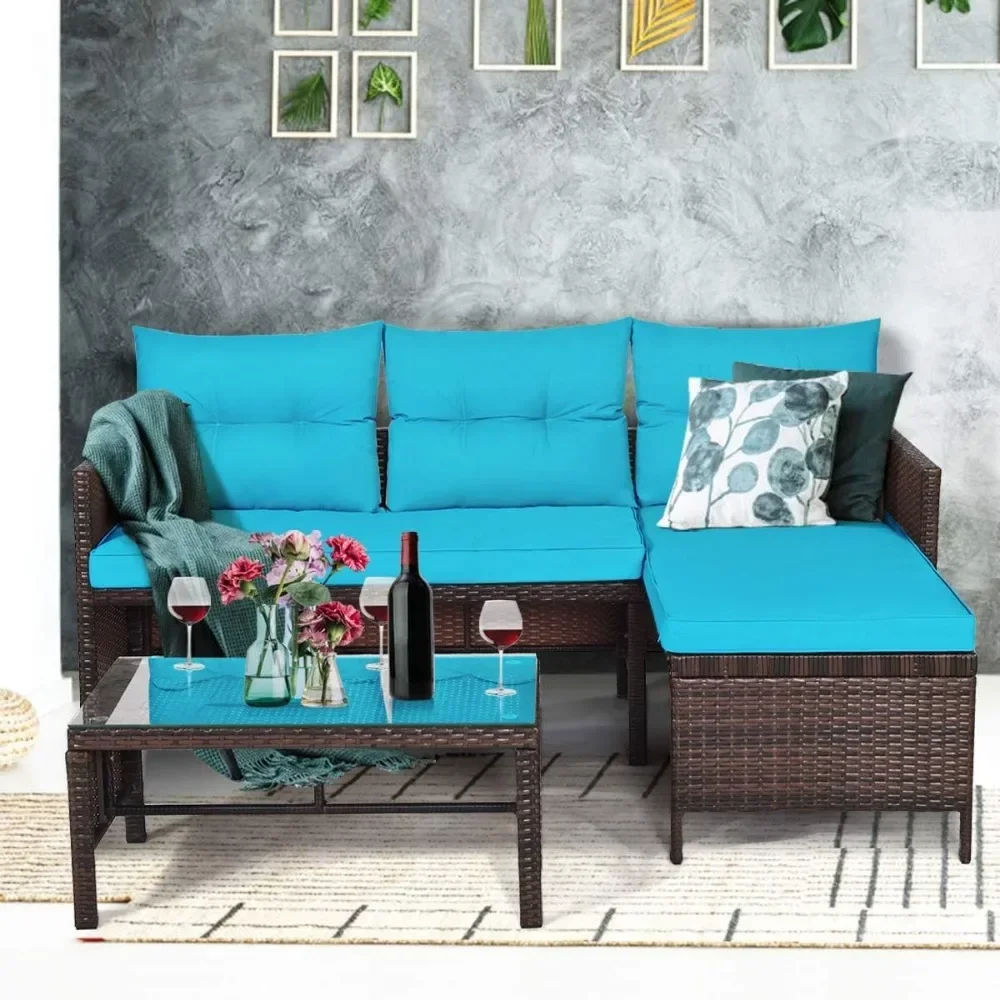 Patio Corner Sofa Set 3 Piece, Outdoor Rattan Sofa Set, Includes Lounge Chaise, Loveseat & Coffee Table, Patio Garden Poolside 4
