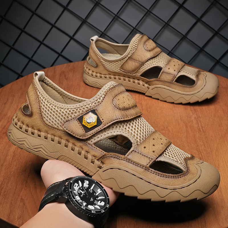 

Men's Leather Sandal Breathable Mesh Summer Casual Shoes Outdoor Original Mens Slippers Fashion Men Beach Sandals Zapatos Hombre