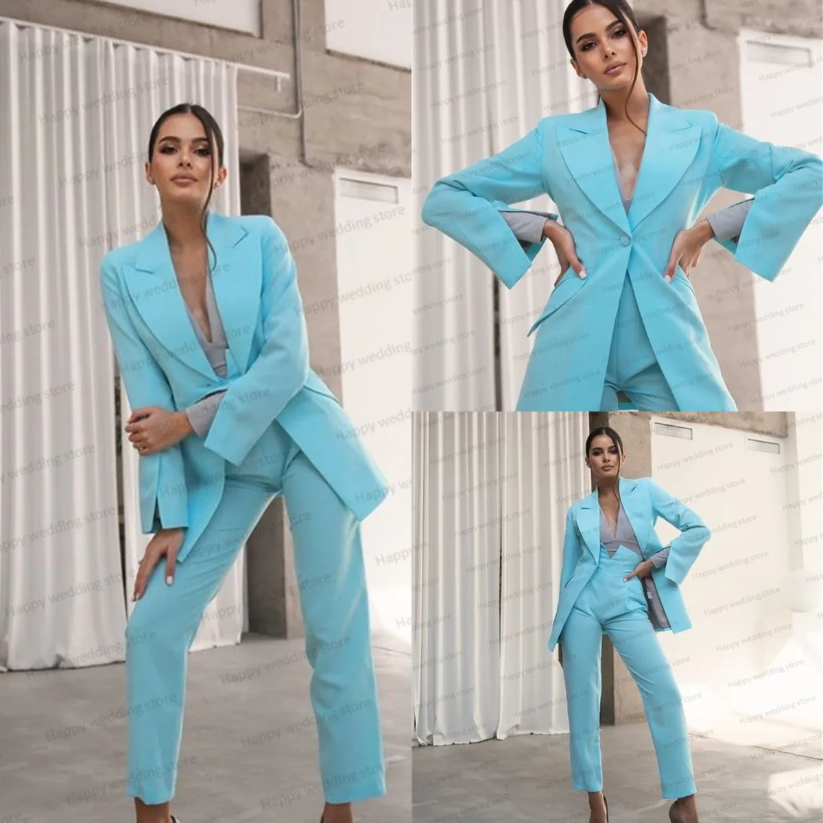 

Sky Blue Office Women Pants Suits Set 2 Pieces Blazer+High Waist Trousers Prom Dress Formal Lady Coat Split Sleeves Custom Made
