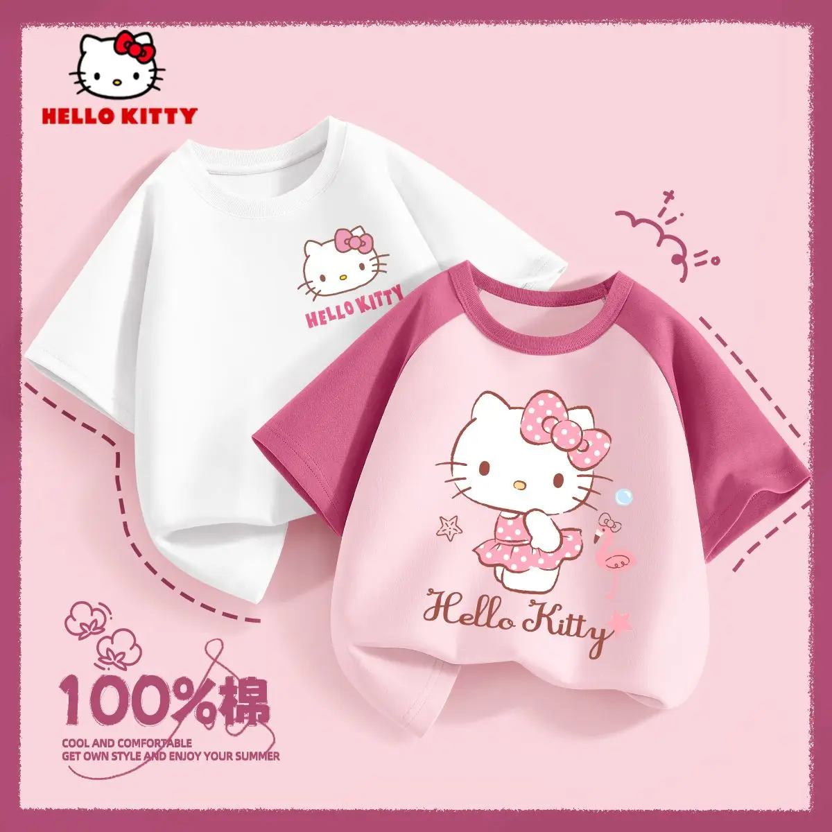 2 قطعة/الحزمة سانريو الصيف طفل الفتيات ملابس الأطفال مرحبا كيتي قصيرة الأكمام تي شيرت طفل القطن الكرتون تنفس لينة أعلى
