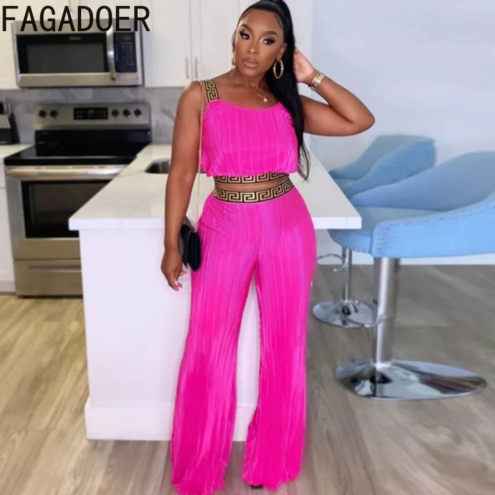 

FAGADOER Fashion Streetwear Women Strap Sleeveless Crop Top And Wide Leg Pants Two Piece Sets Female Matching 2pcs Outfits 2023