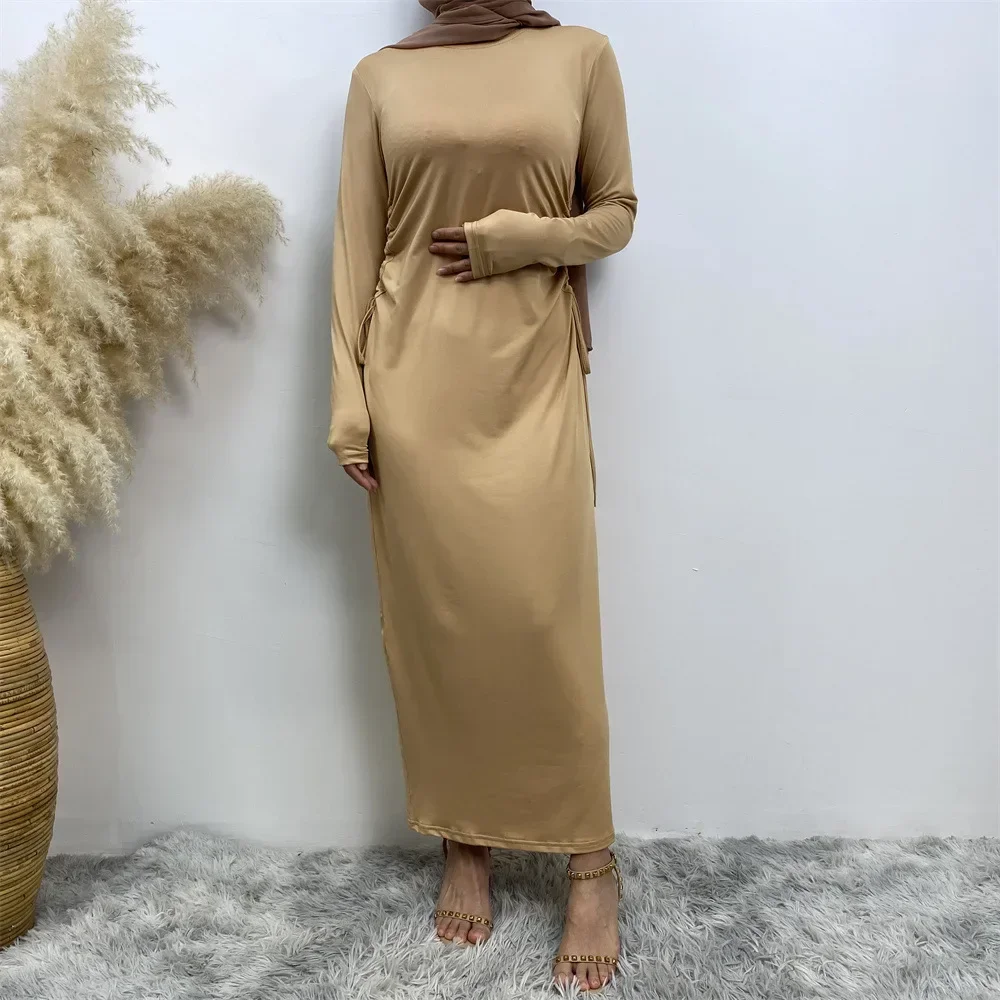 

Muslim Long-sleeved Abayas Arabic Women Dress Side Drawstring Dress for Women Turkey Dubai Abayas Femme Robe Loose Abaya Dress
