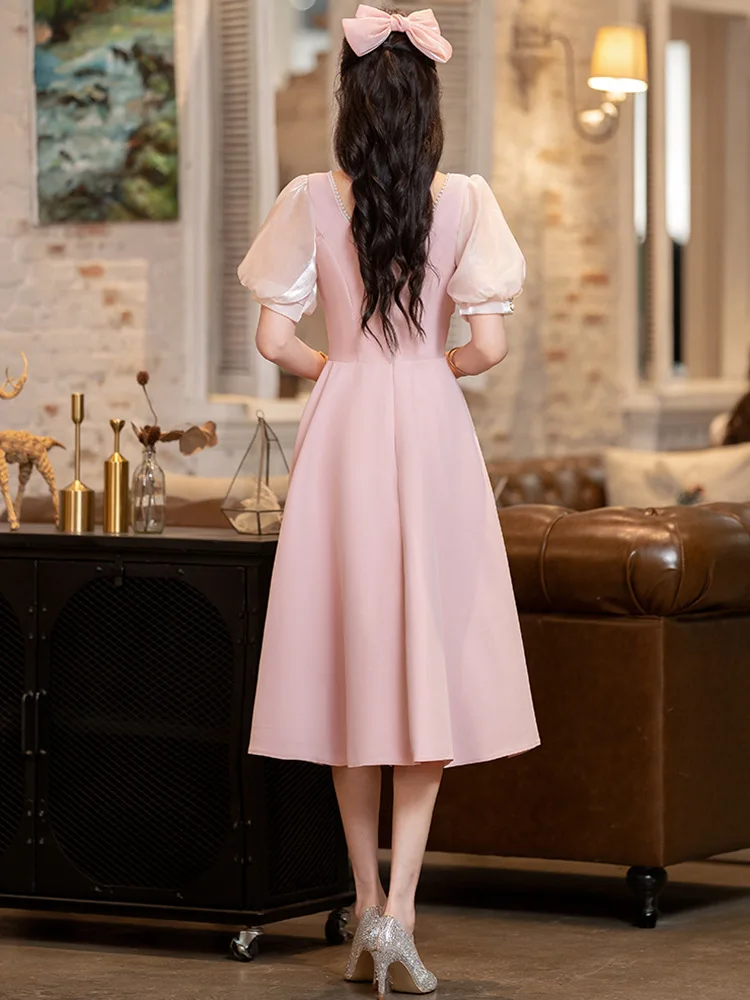 Pink Prom Dress Puff Sleeve Sweetheart Collar Mid-Length A-Line