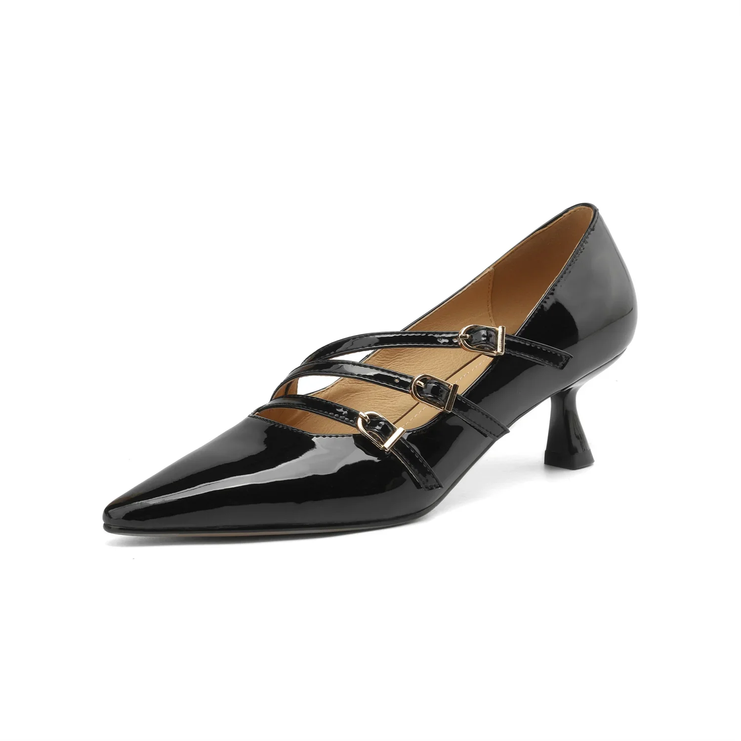 Women Pumps Mid Heels Patent Leather Upper Pigskin Lining