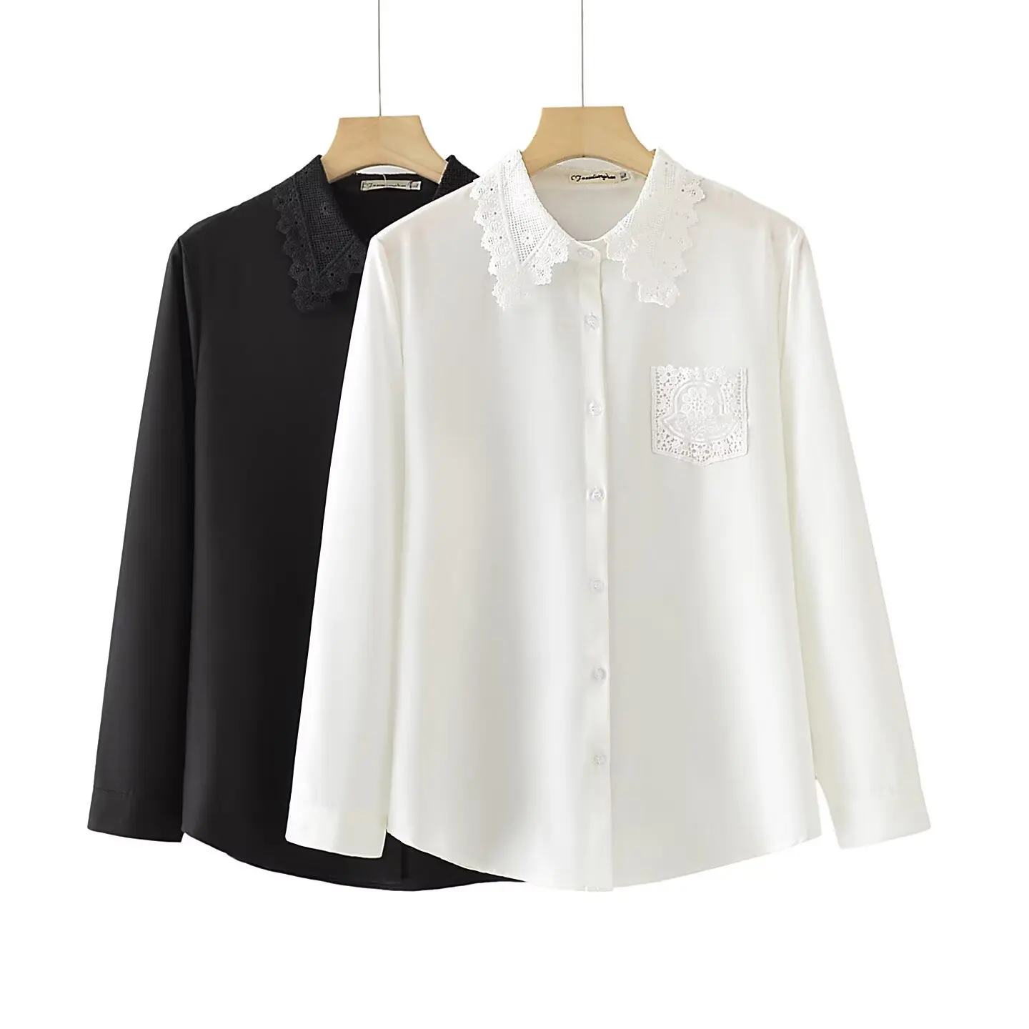 Fashion Plus Size Women's Blouses Autumn New Style Elegant Lace Lapel Long Sleeved Shirt Single Pocket Tops 451