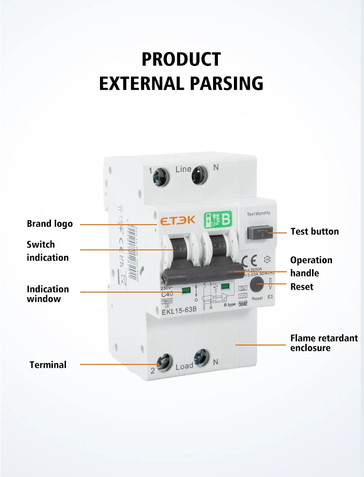ETEC RCD 30mA Low Voltage B Type 40A Over Current And Leakage Protection RCBO 10