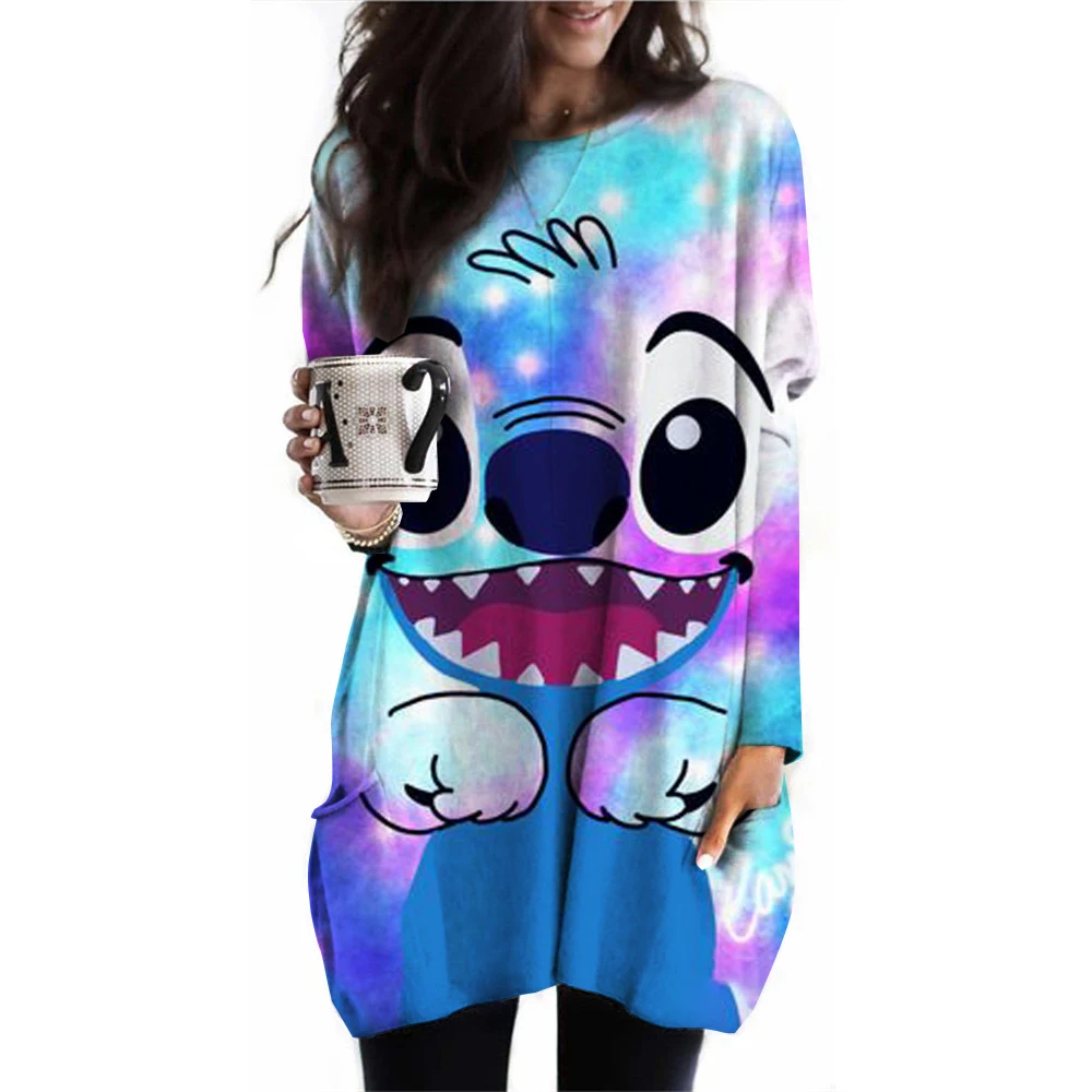 thumbnail image 1 of Camiseta holgada de cuello redondo de gran tamaño para otoño e invierno con bolsillo informal de Lilo & Stitch de Disney para mujer, jersey de manga larga que combina con todo, 1 of 5