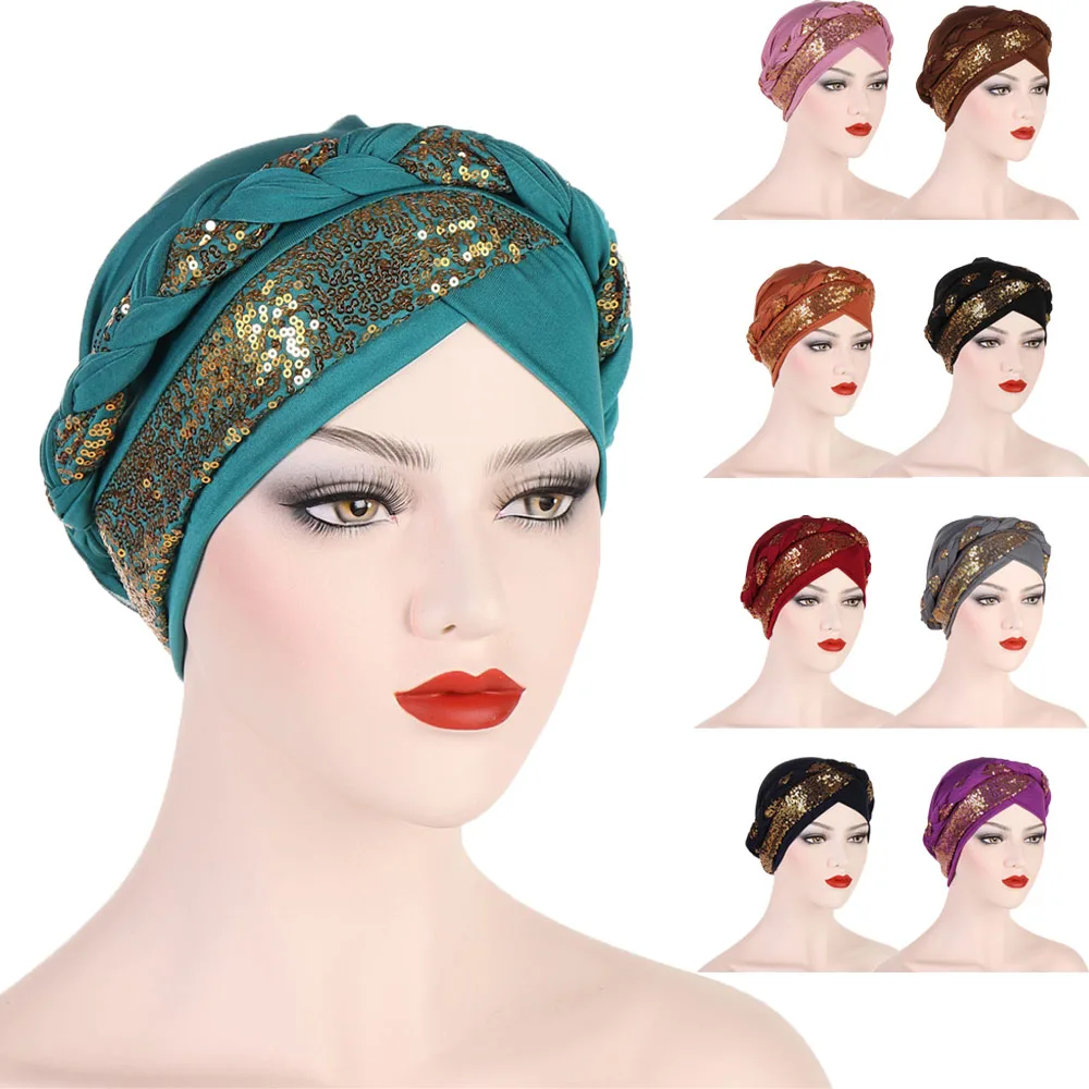 

Sequins Braids Bonnet Hat Turban Women Chemo Cap Muslim Hijab Hair Loss Head Cover Scarf Wrap Skullies Headwear Turbante Mujer