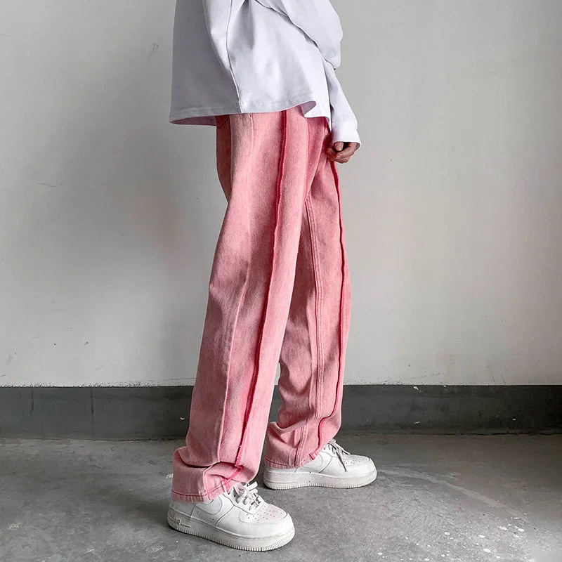 

2022 Men's Loose Straight Pants Stitched Casual Pants Baggy Homme Cargo Pocket Jeans Black/white/pink Color Biker Denim Trousers