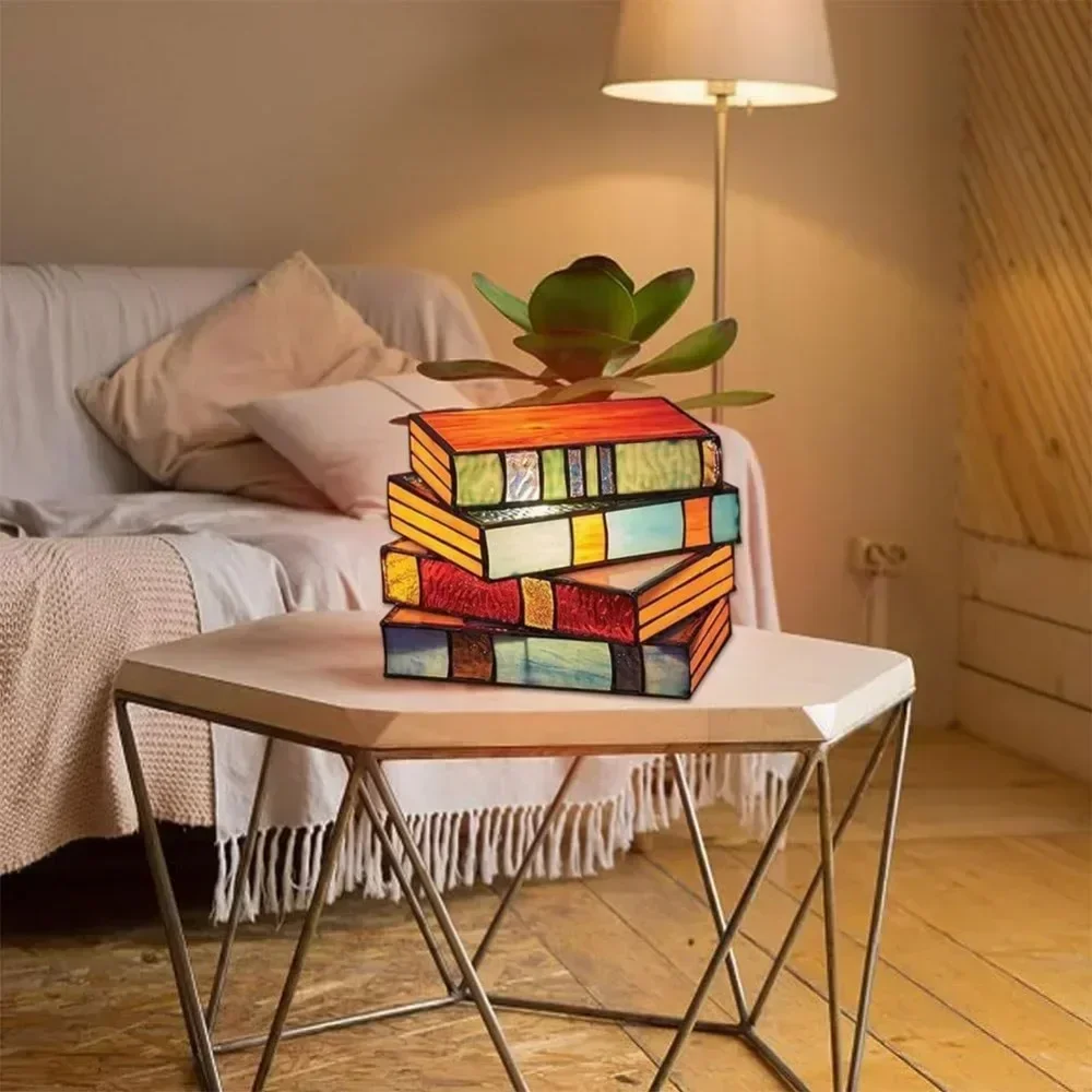 

New and Unique Stacked Books Lamp Resin Handicraft Decor Vintage Reading Book Table Lamp Stained Glass Desk Reading Light