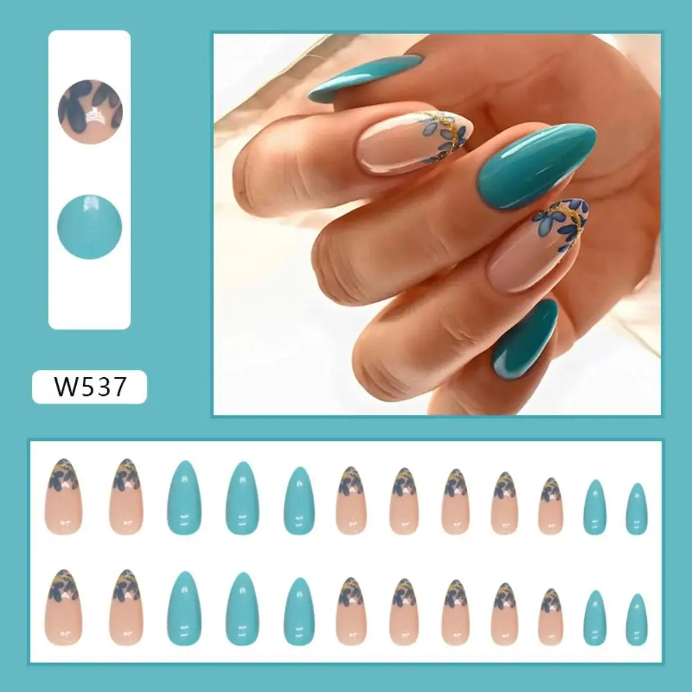 24pcs Detachable Press on Nails Diy French Long Almond False Nails Foil Wavy Leaf