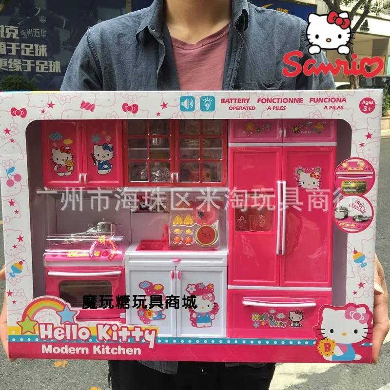 

Sanrio Kitty Cat Kitchen Mini Simulation Cooking Kitchenware Home Appliance Light Sound Set Children's Toy Girl Gift
