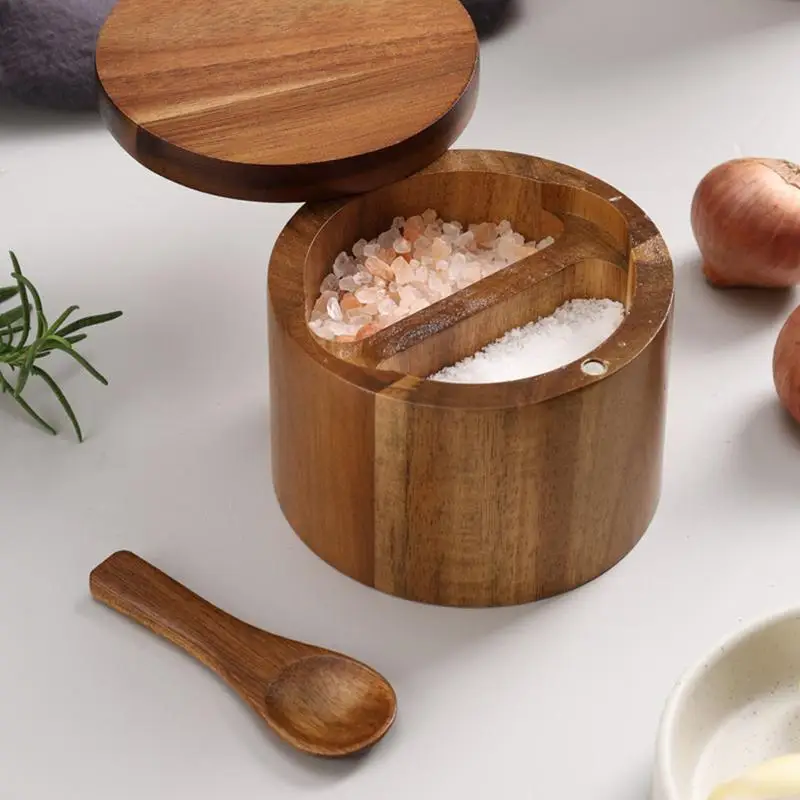 Wooden Salt Cellar with Spoon and Magnetic Lid