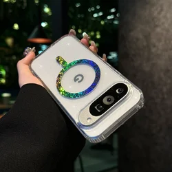 Sparkling Transparent Glitter Magnetic Wireless Charging Protective Case with Airbag Cushioning for Google Pixel 9A (Magnetic Glitter)