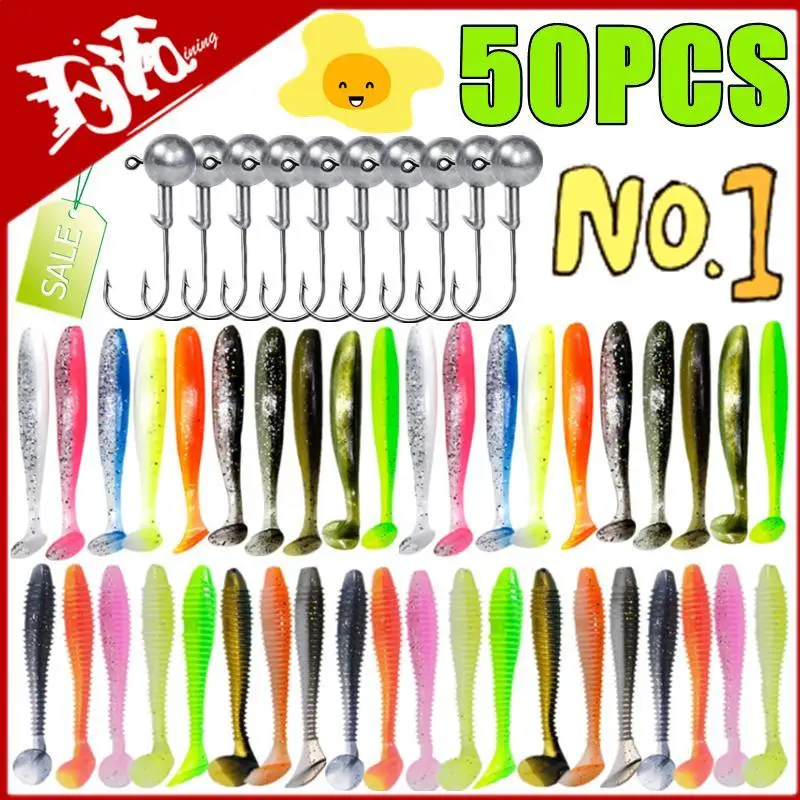 Kit de Leurres Souples Pêche 50/30/15 Leurres Silicone avec Hameçons Tête Plombée Appâts Artificiels Vers