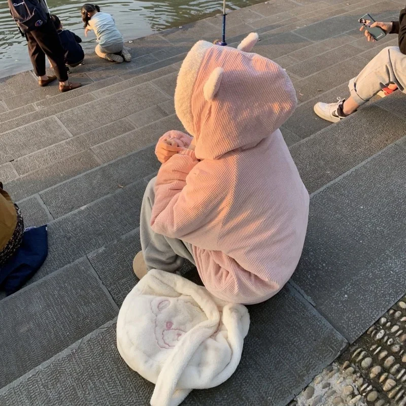  New Winter Cotton Jacket Women's Corduroy Jacket  New Thick Cute Embroidery Bear Snowman with Ears Hooded Cotton Jacket