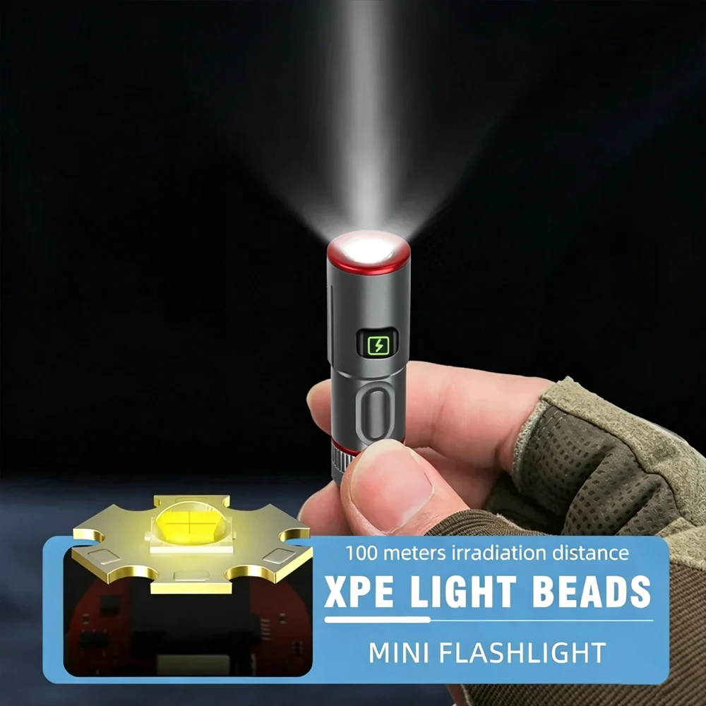 Compact USB Rechargeable LED Keychain Flashlight with Necklace - Portable 6-Mode Lantern for Camping and Emergencies