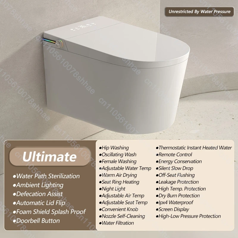 Smart Toilet Wall Mounted Bidet Toilet with Heated Seat Instant Heating Auto Flush Air Dryer for Bathroom Elongated One Piece