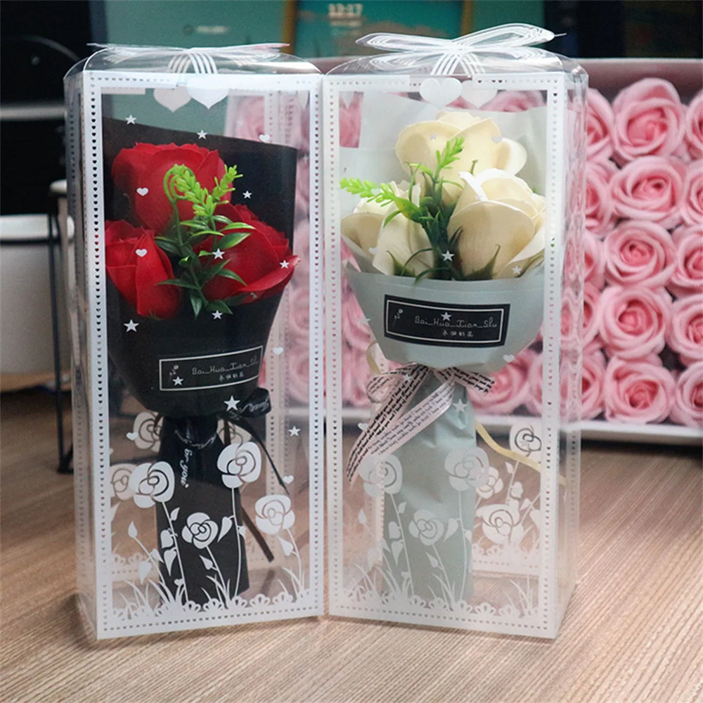 

3 Heads Soap Rose Bouquet Valentines Day Gift Flower Box For Girlfriend Women Artificial Rose Flowers Home Wedding Decorations