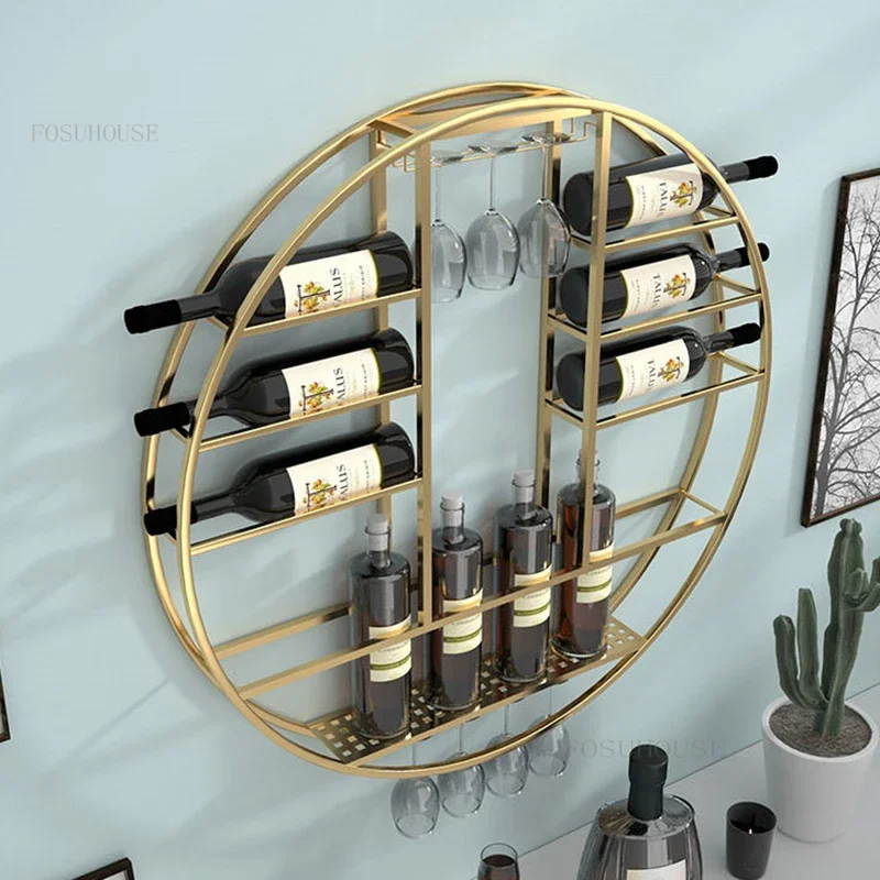 European Wrought Iron Bar Cabinets for Living Room Display Cabinet Modern Minimalist Bar Furniture Round Wall-mounted Wine Rack