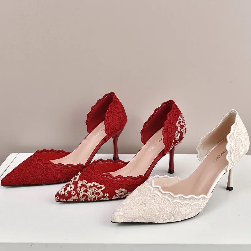 Luxury Red White Lace Embroidery High Heel Bride Shoes Woman Brand